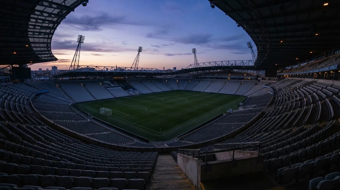 An empty football stadium with floodlight masts at dusk