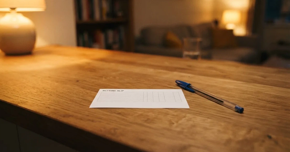 A blank paper betting slip beside a pen on a wooden counter