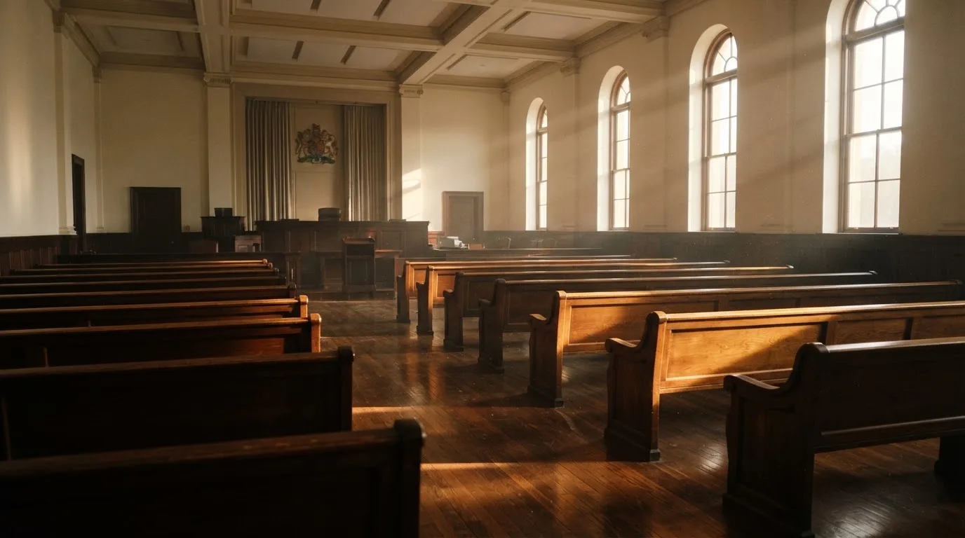 An empty courtroom with wooden benches in morning light