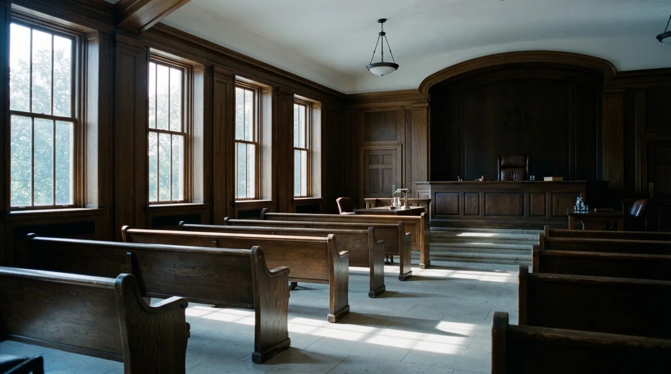 An empty courtroom with wooden benches in morning light