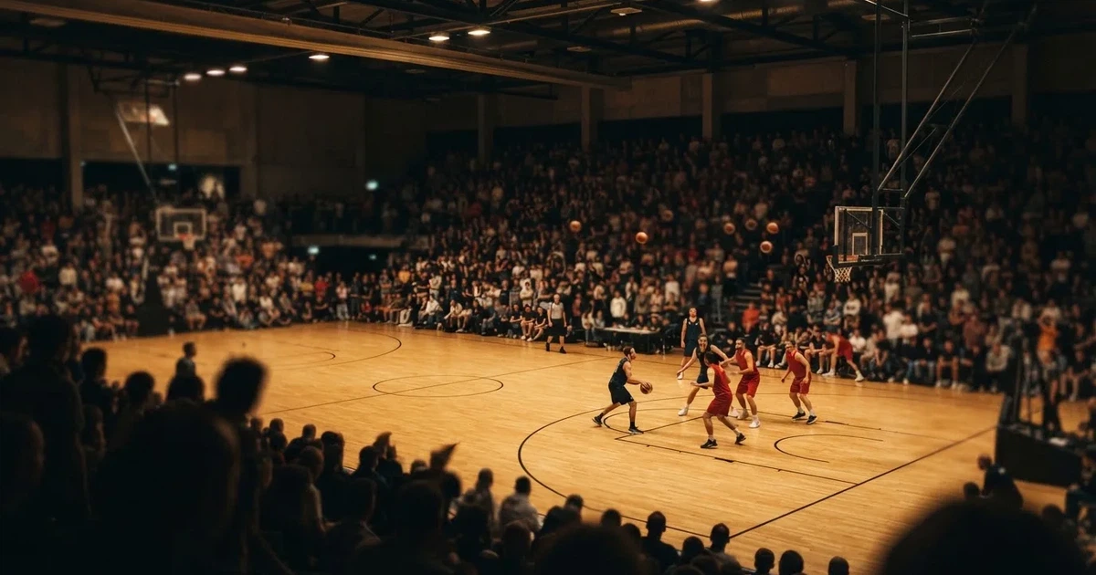 A packed sports hall under floodlights photographed from a long way off