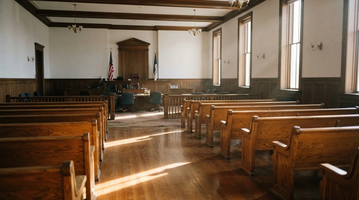 An empty courtroom with wooden benches in morning light