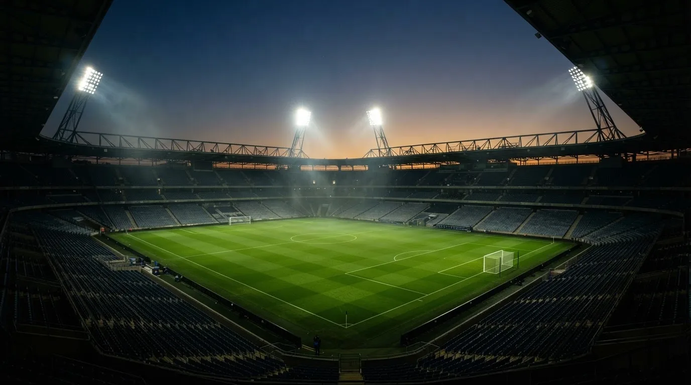 An empty football stadium with floodlight masts at dusk