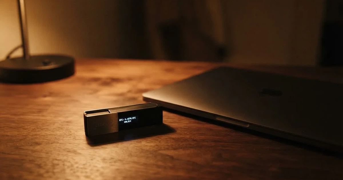 A hardware wallet and a closed laptop on a desk in dim light