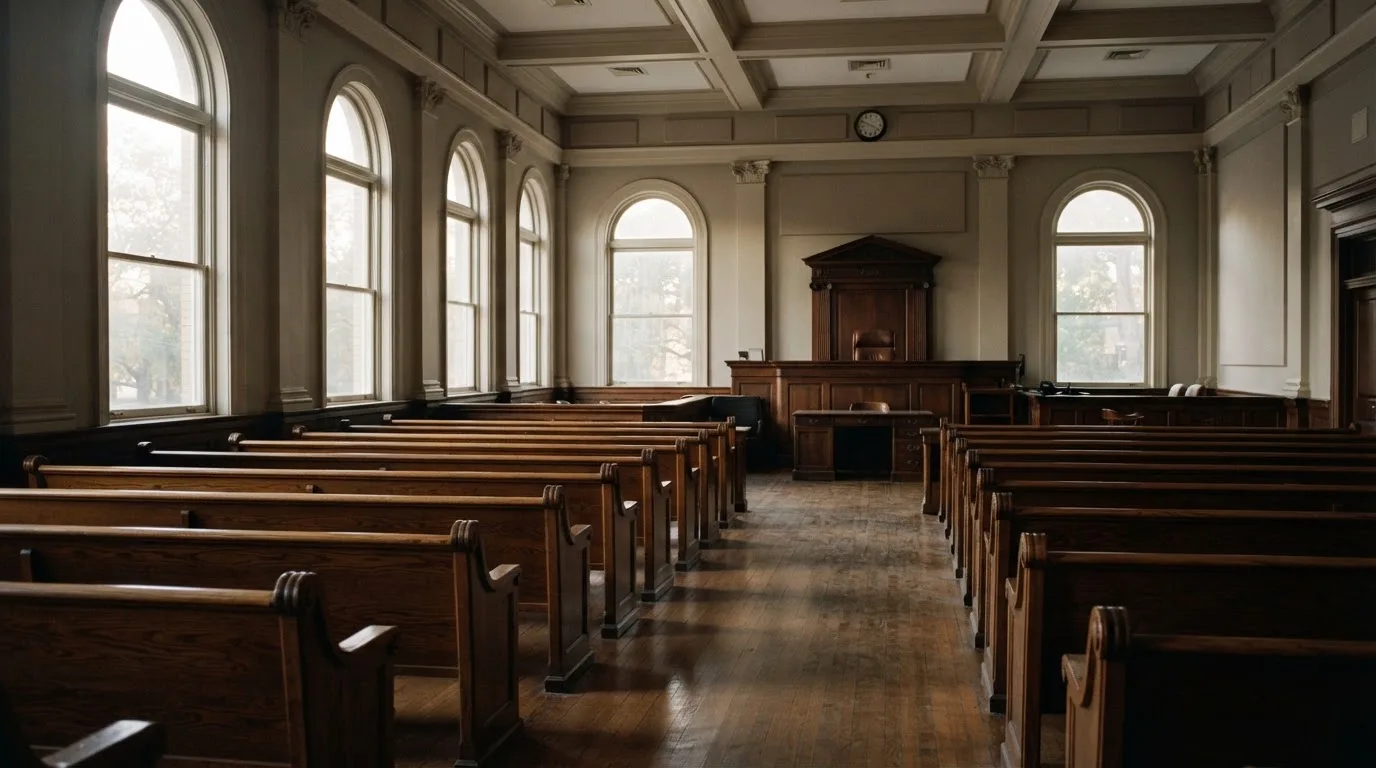 An empty courtroom with wooden benches in morning light