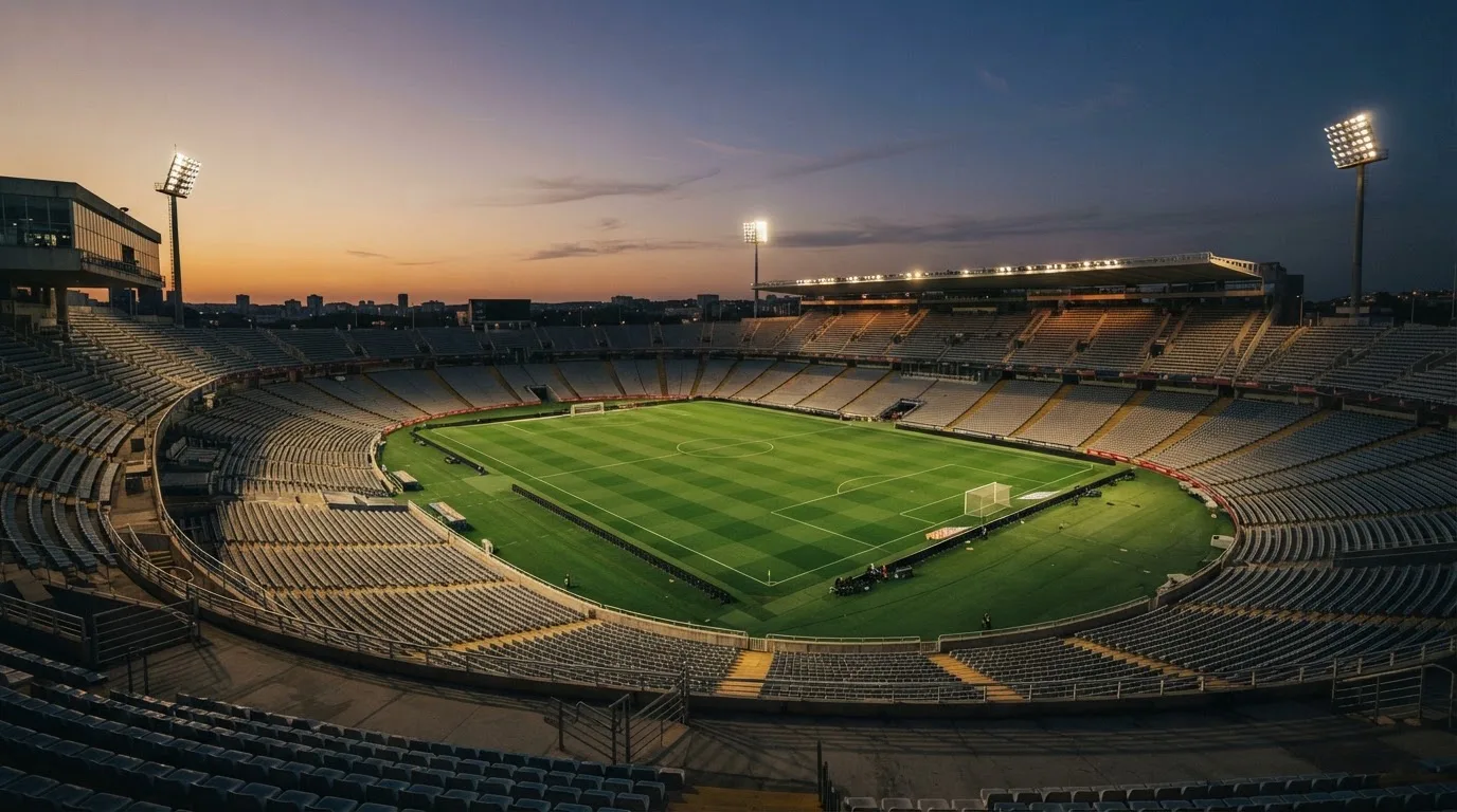An empty football stadium with floodlight masts at dusk
