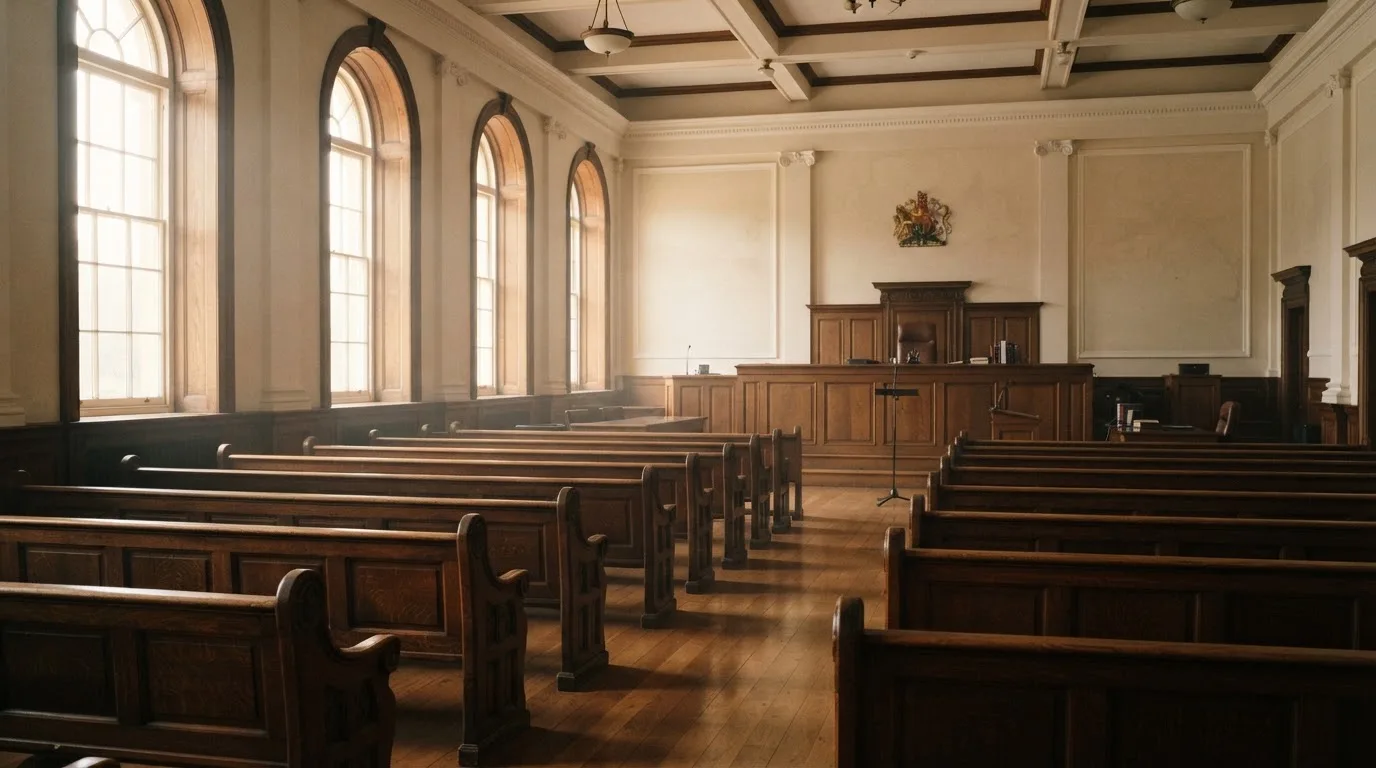 An empty courtroom with wooden benches in morning light
