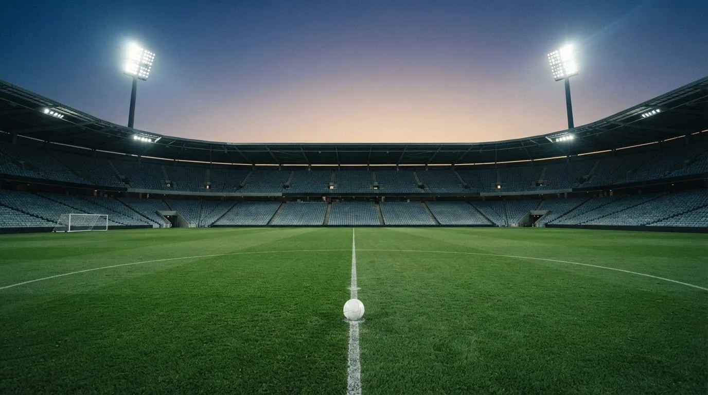 An empty football stadium with floodlight masts at dusk