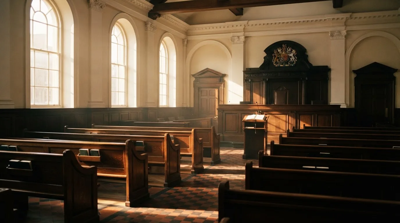 An empty courtroom with wooden benches in morning light