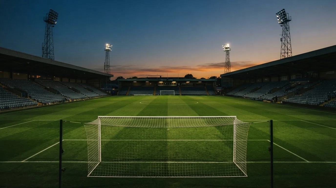 An empty football stadium with floodlight masts at dusk