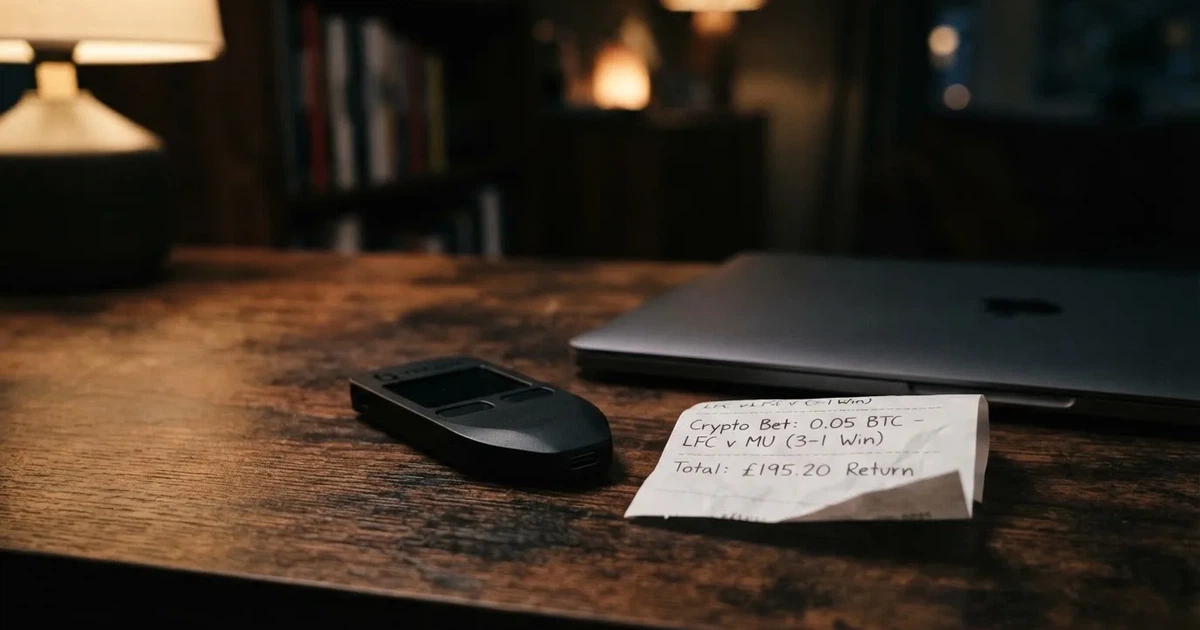 A hardware wallet and a closed laptop on a desk in dim light