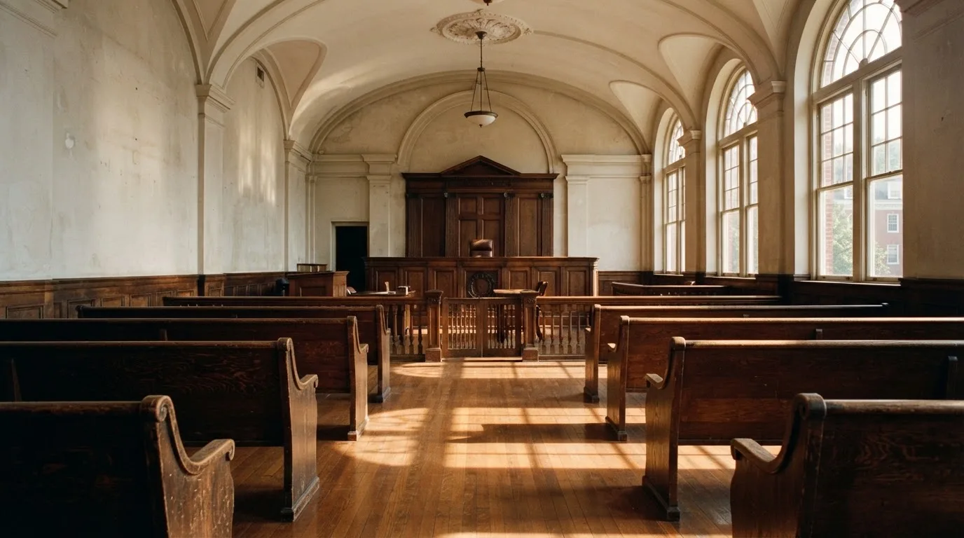 An empty courtroom with wooden benches in morning light