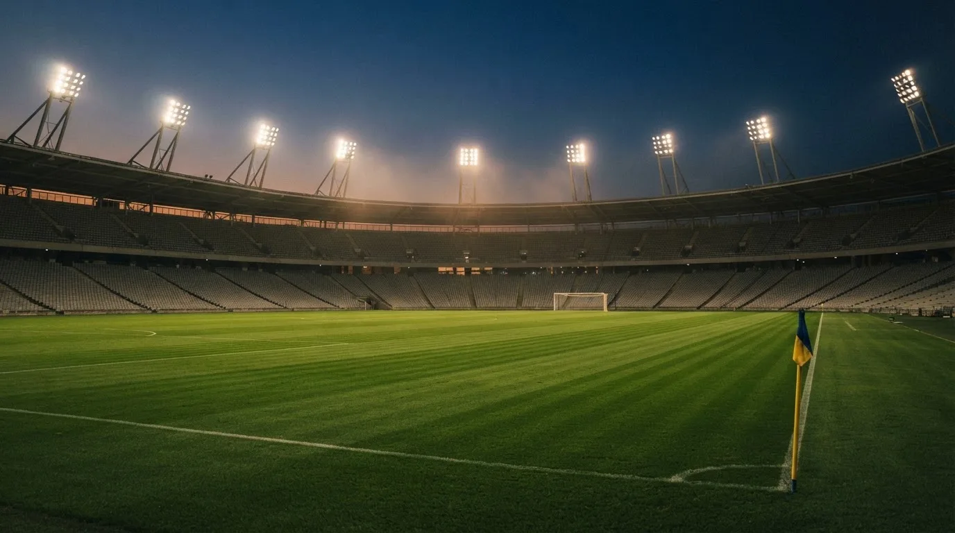An empty football stadium with floodlight masts at dusk