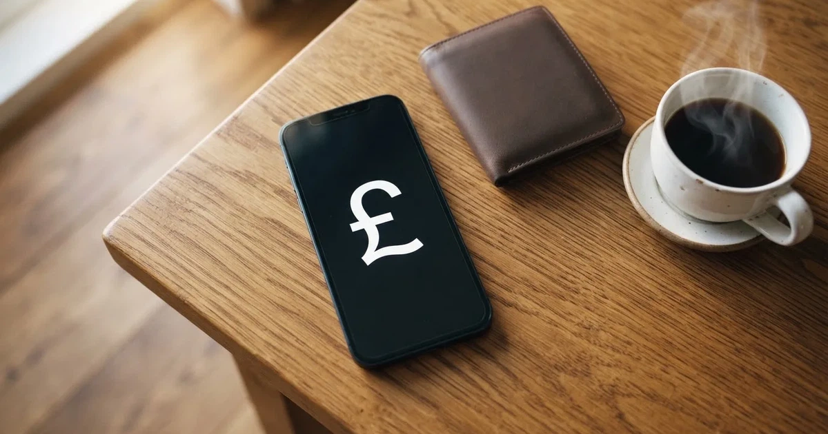 A smartphone on a wooden table beside a wallet and a coffee cup