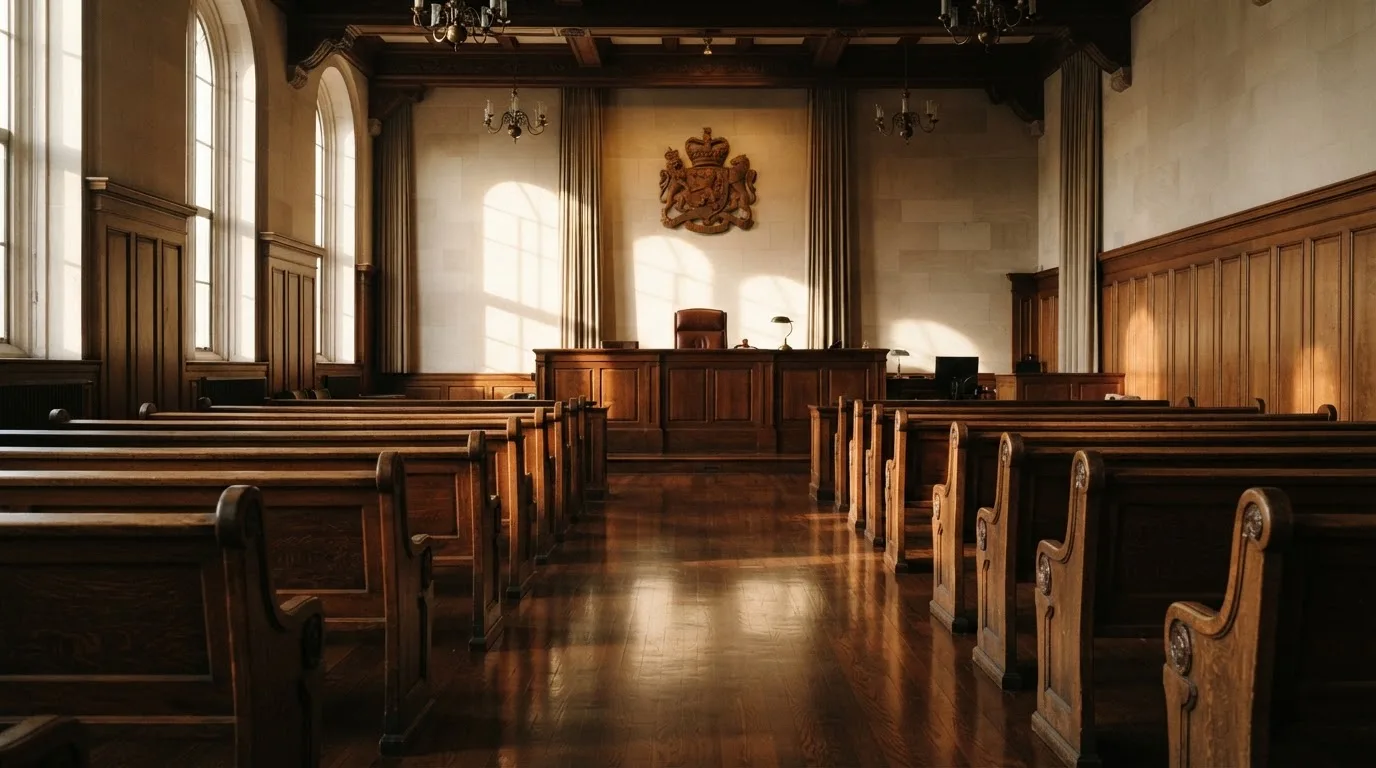 An empty courtroom with wooden benches in morning light