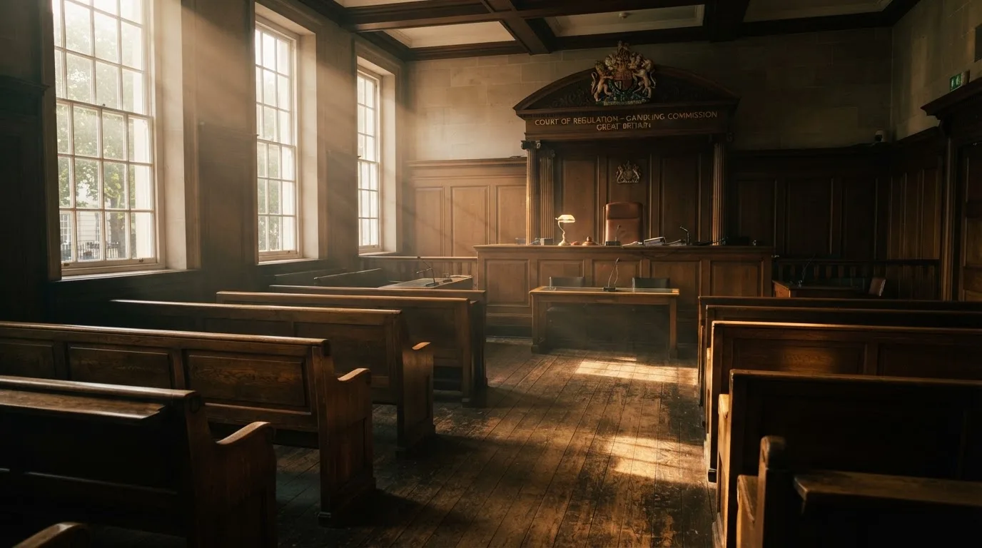 An empty courtroom with wooden benches in morning light