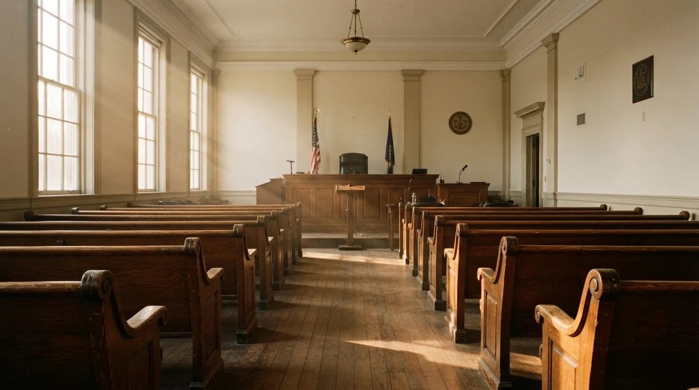 An empty courtroom with wooden benches in morning light