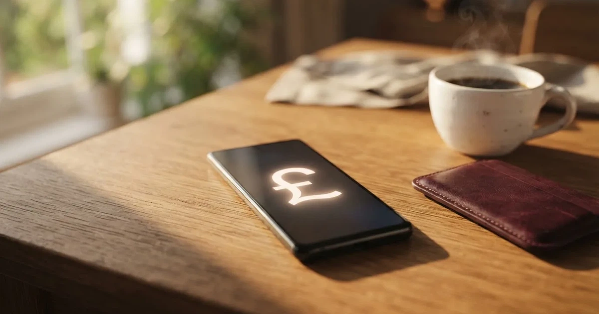 A smartphone on a wooden table beside a wallet and a coffee cup