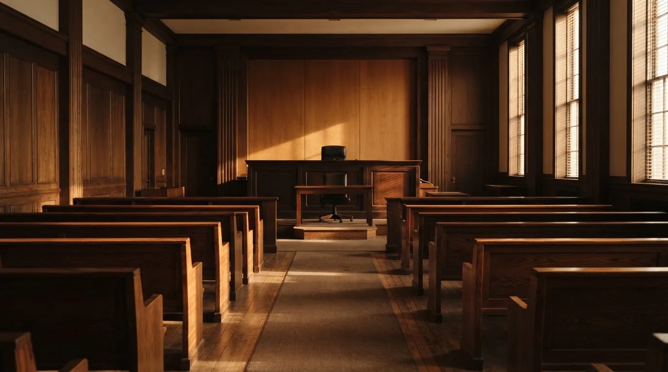 An empty courtroom with wooden benches in morning light