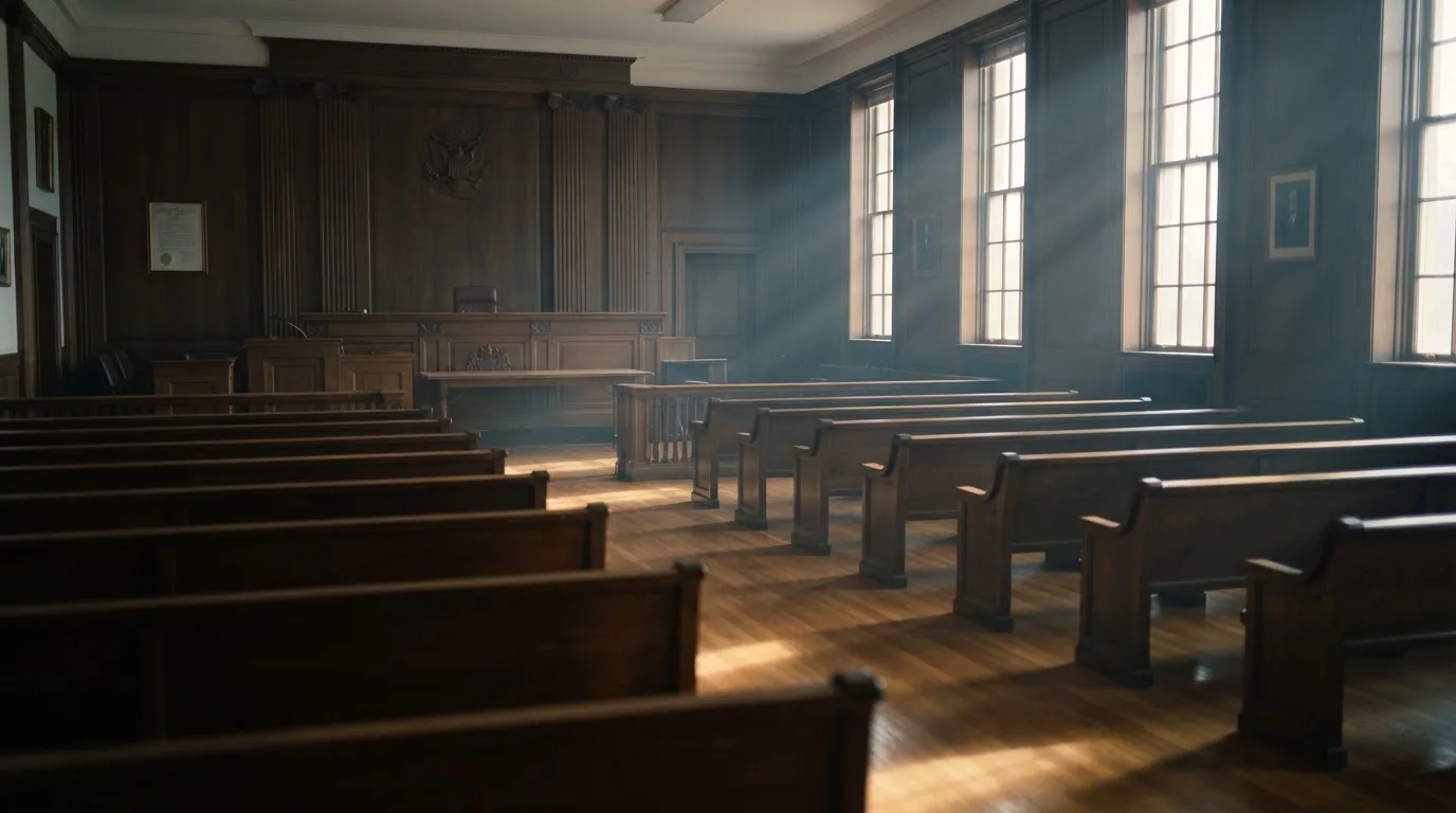 An empty courtroom with wooden benches in morning light
