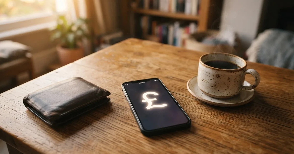A smartphone on a wooden table beside a wallet and a coffee cup