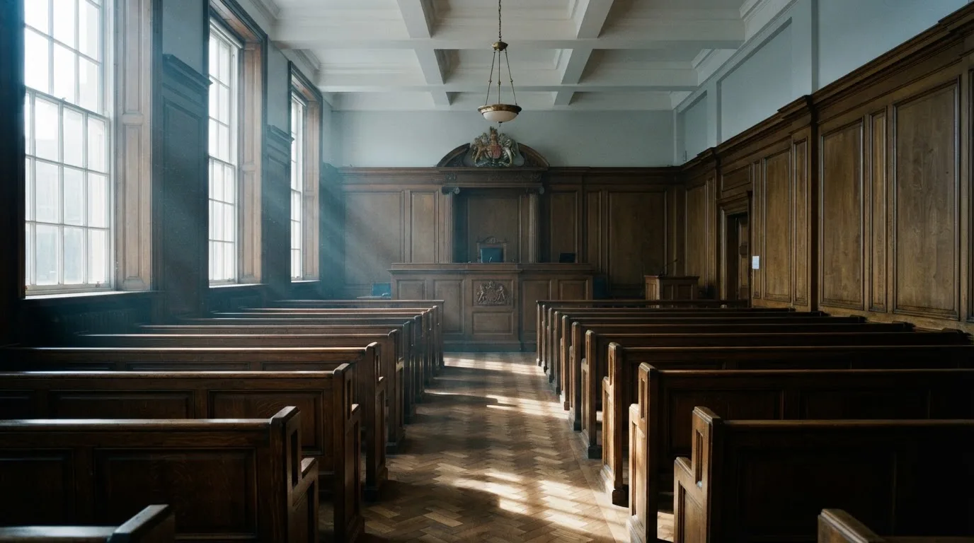An empty courtroom with wooden benches in morning light