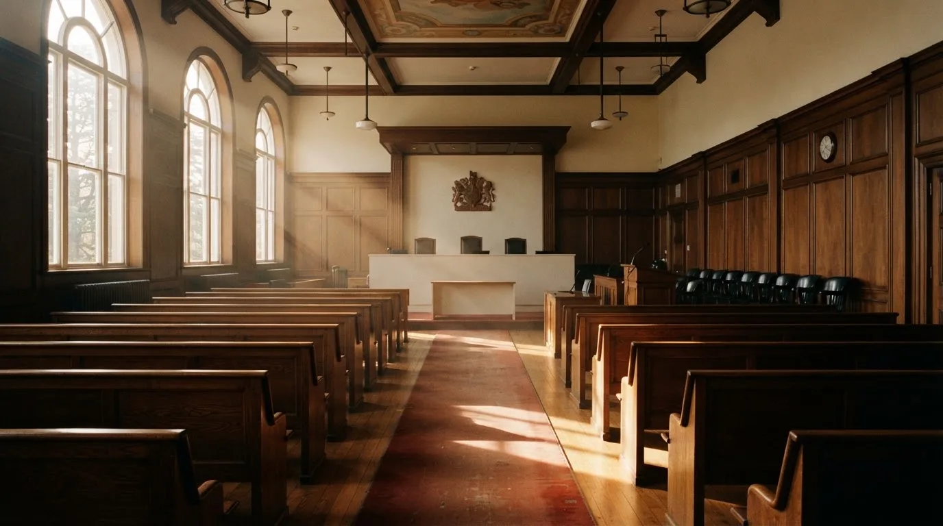 An empty courtroom with wooden benches in morning light