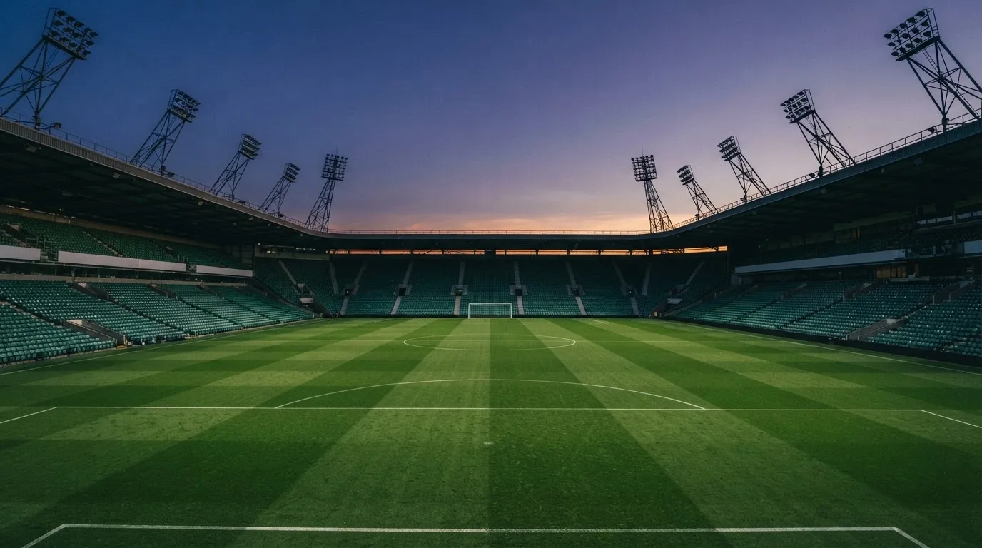 An empty football stadium with floodlight masts at dusk