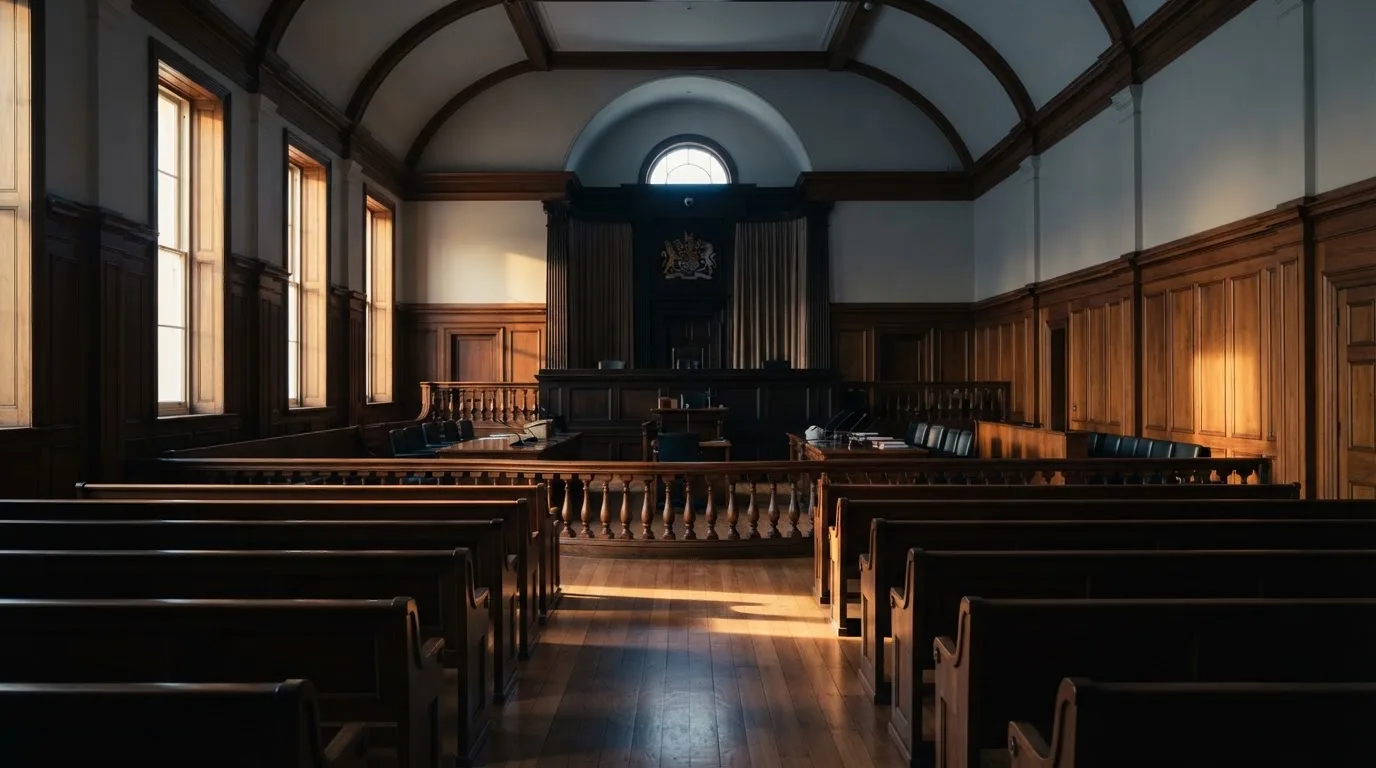 An empty courtroom with wooden benches in morning light