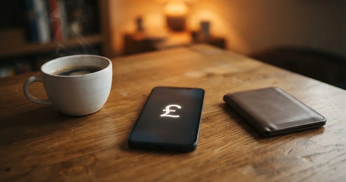 A smartphone on a wooden table beside a wallet and a coffee cup