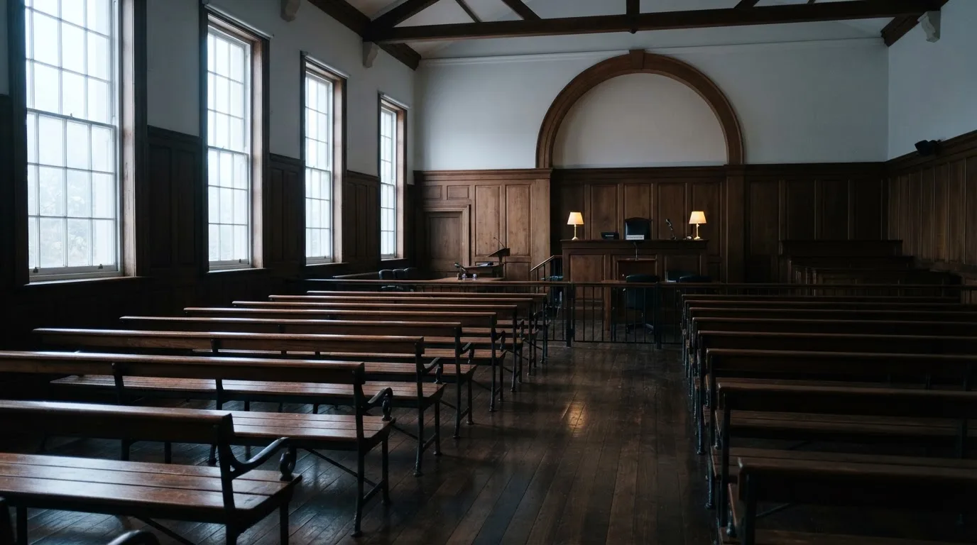 An empty courtroom with wooden benches in morning light