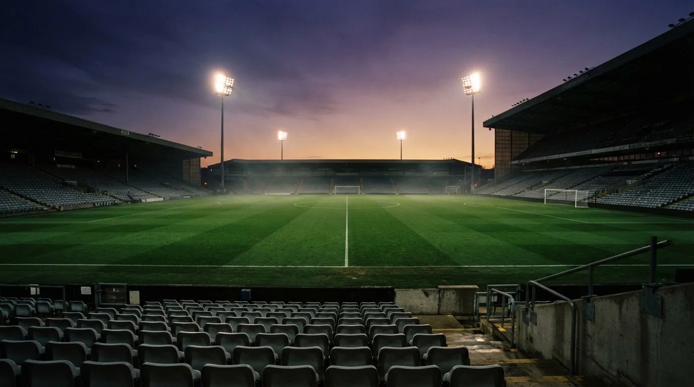 An empty football stadium with floodlight masts at dusk