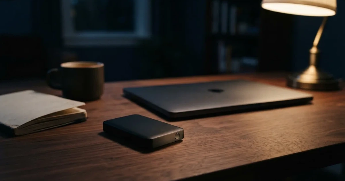 A hardware wallet and a closed laptop on a desk in dim light