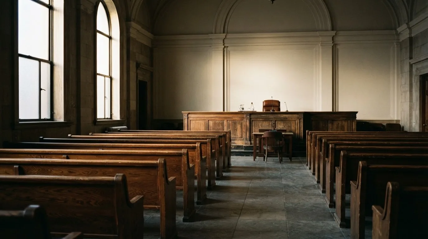 An empty courtroom with wooden benches in morning light