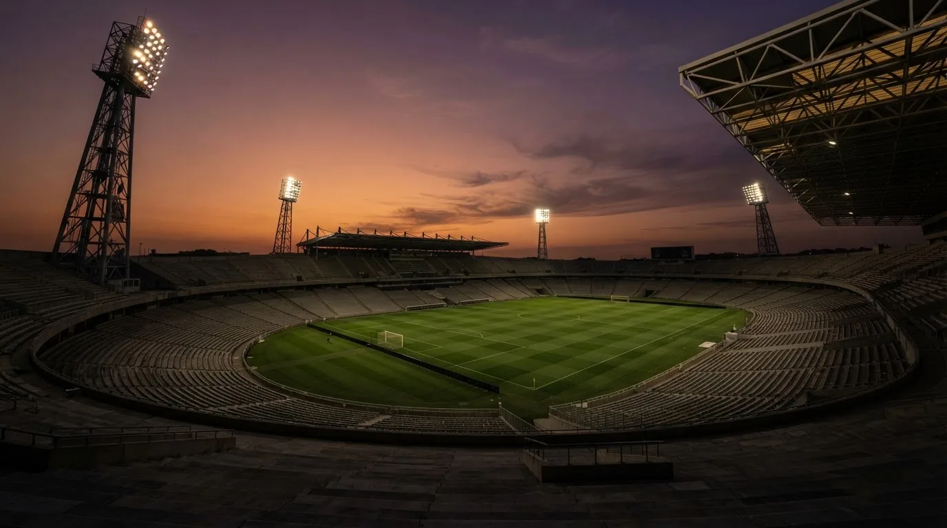 An empty football stadium with floodlight masts at dusk