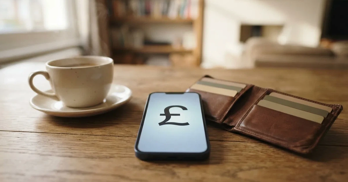 A smartphone on a wooden table beside a wallet and a coffee cup