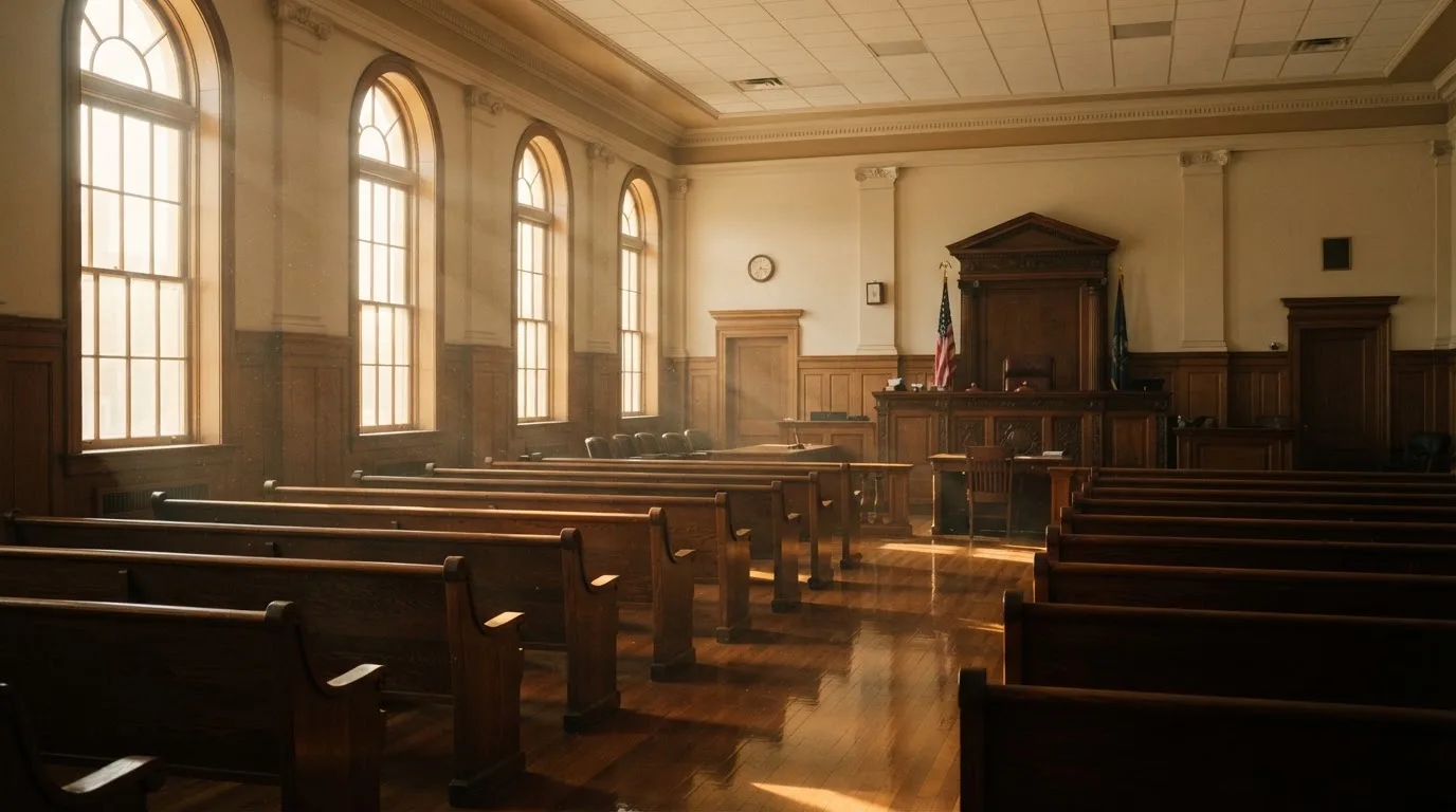 An empty courtroom with wooden benches in morning light