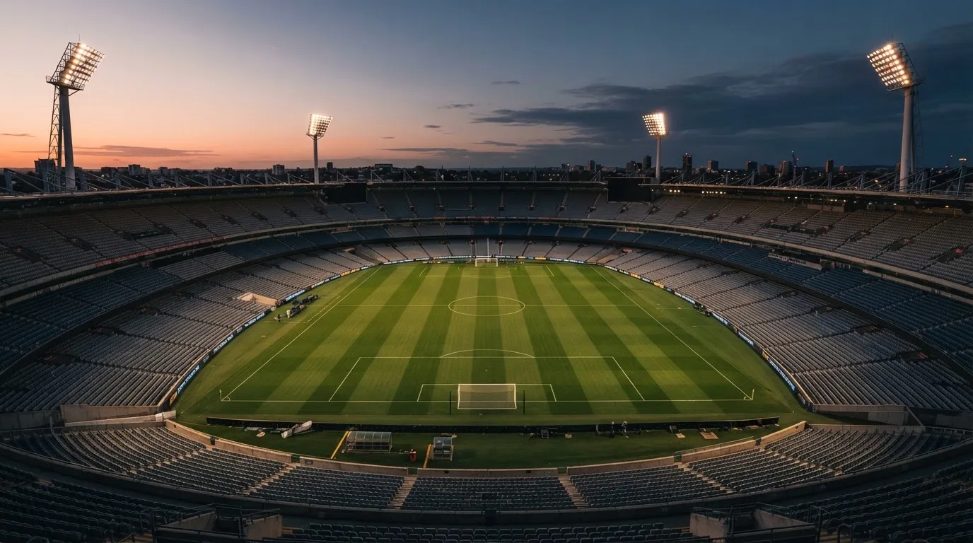 An empty football stadium with floodlight masts at dusk