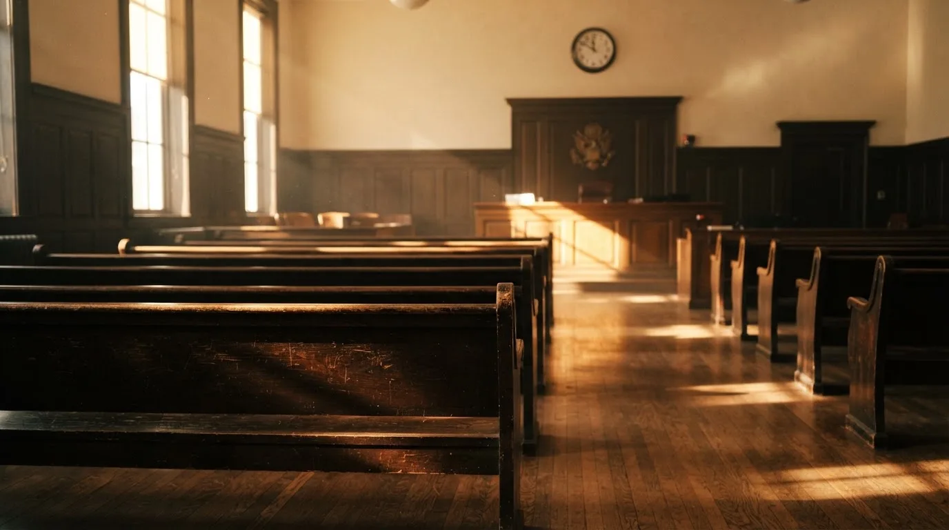 An empty courtroom with wooden benches in morning light