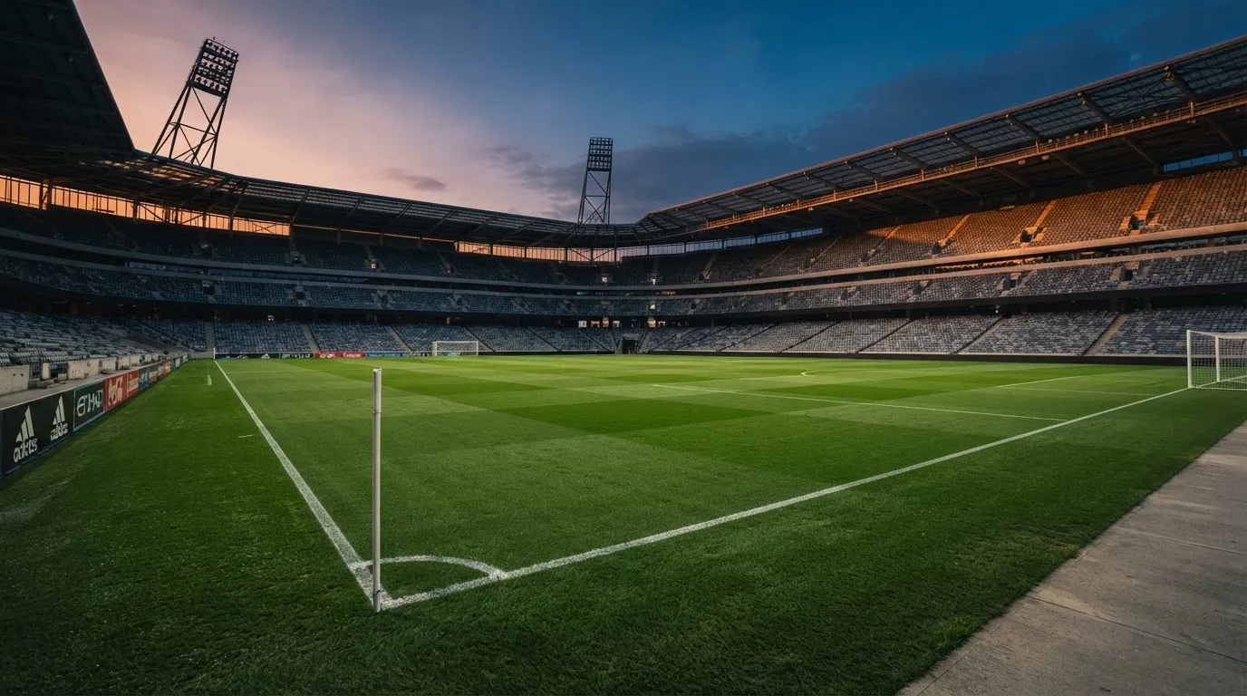 An empty football stadium with floodlight masts at dusk