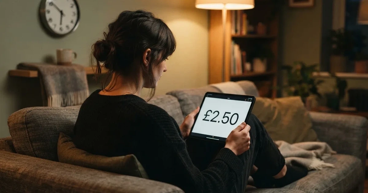 A person on a sofa looking thoughtfully at a tablet, a wall clock in the background