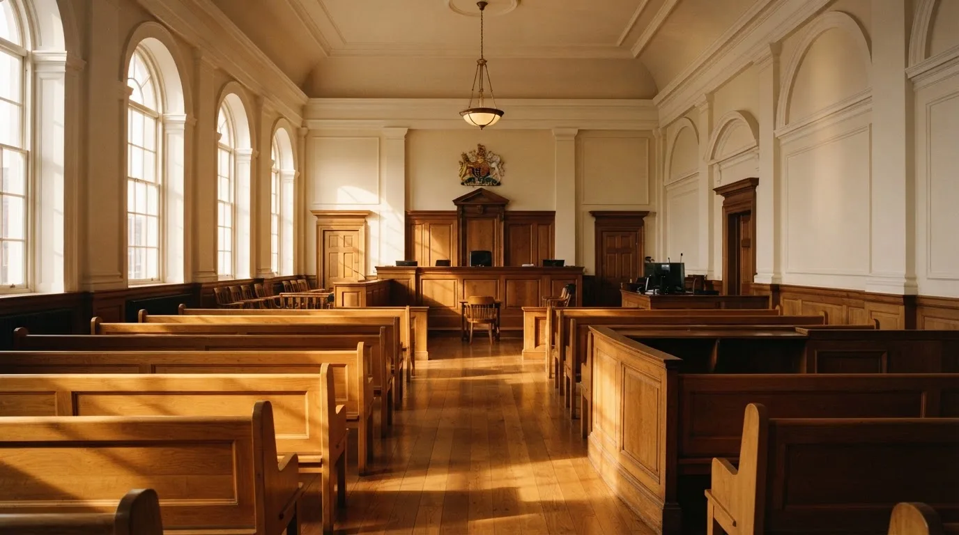 An empty courtroom with wooden benches in morning light
