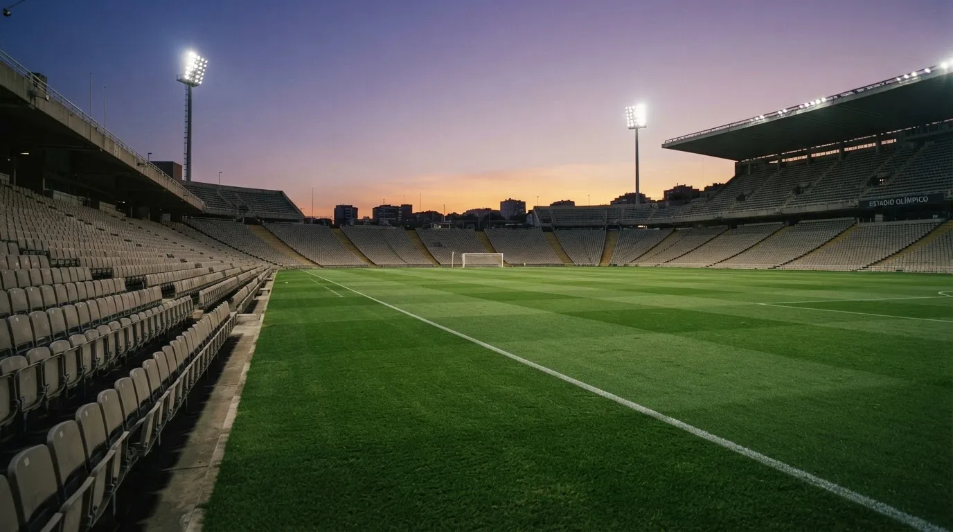 An empty football stadium with floodlight masts at dusk