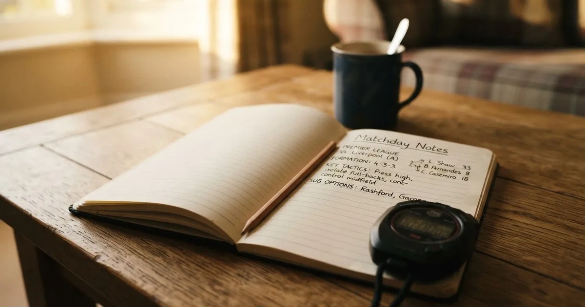 An open notebook with a pencil and a stopwatch on a wooden table