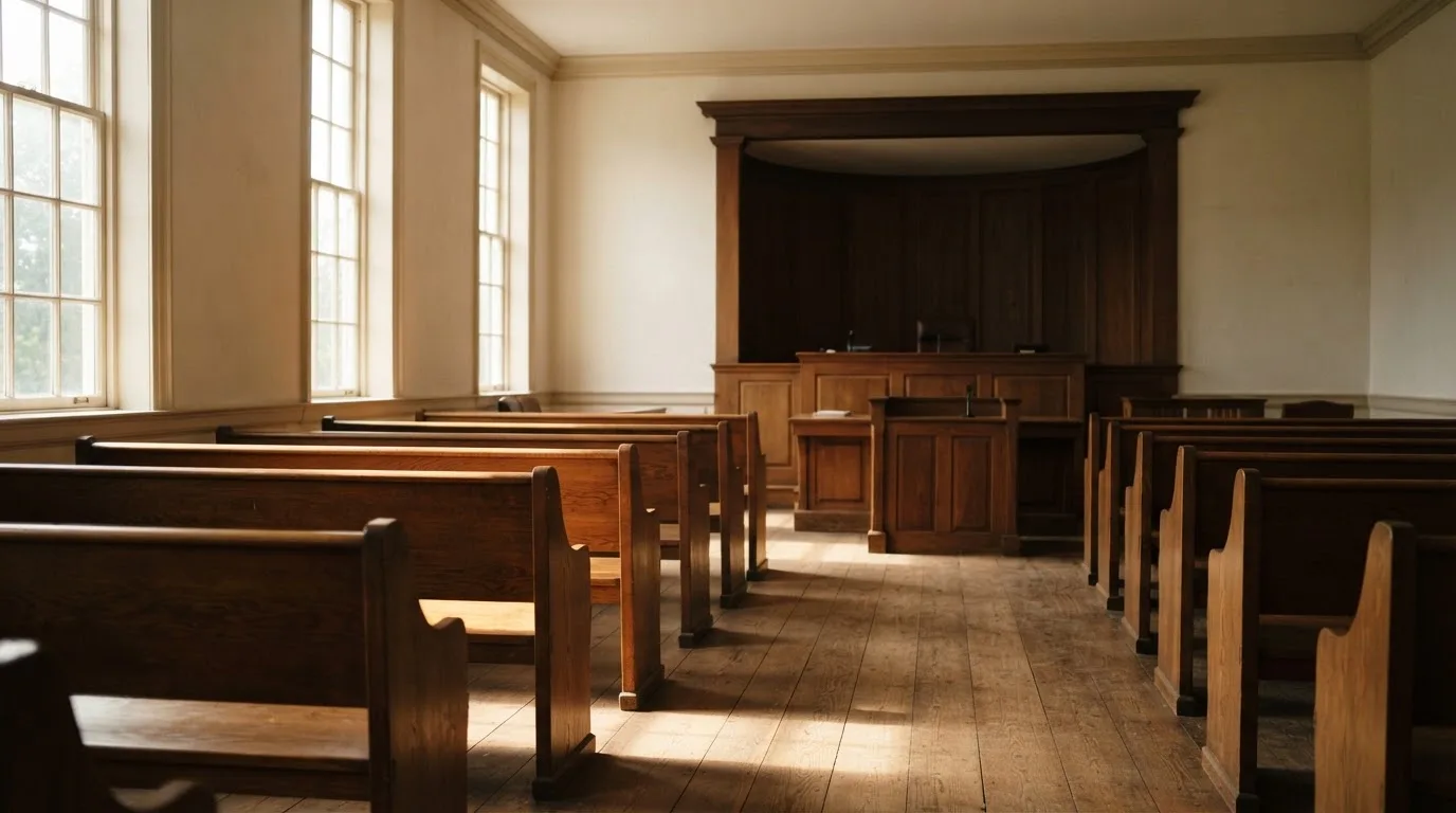 An empty courtroom with wooden benches in morning light