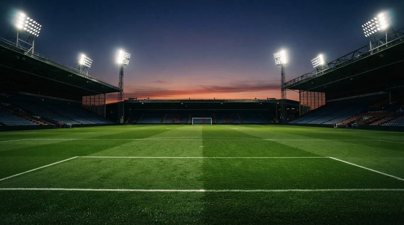 An empty football stadium with floodlight masts at dusk