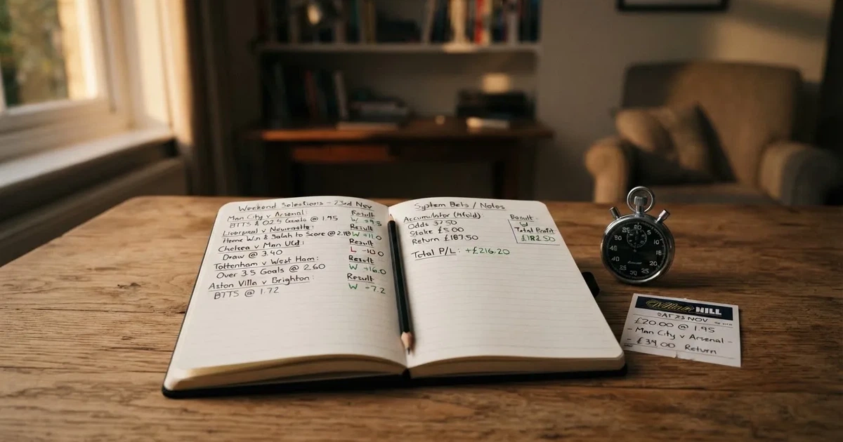 An open notebook with a pencil and a stopwatch on a wooden table