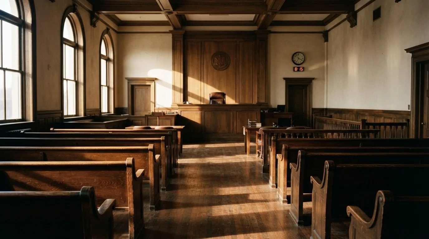 An empty courtroom with wooden benches in morning light