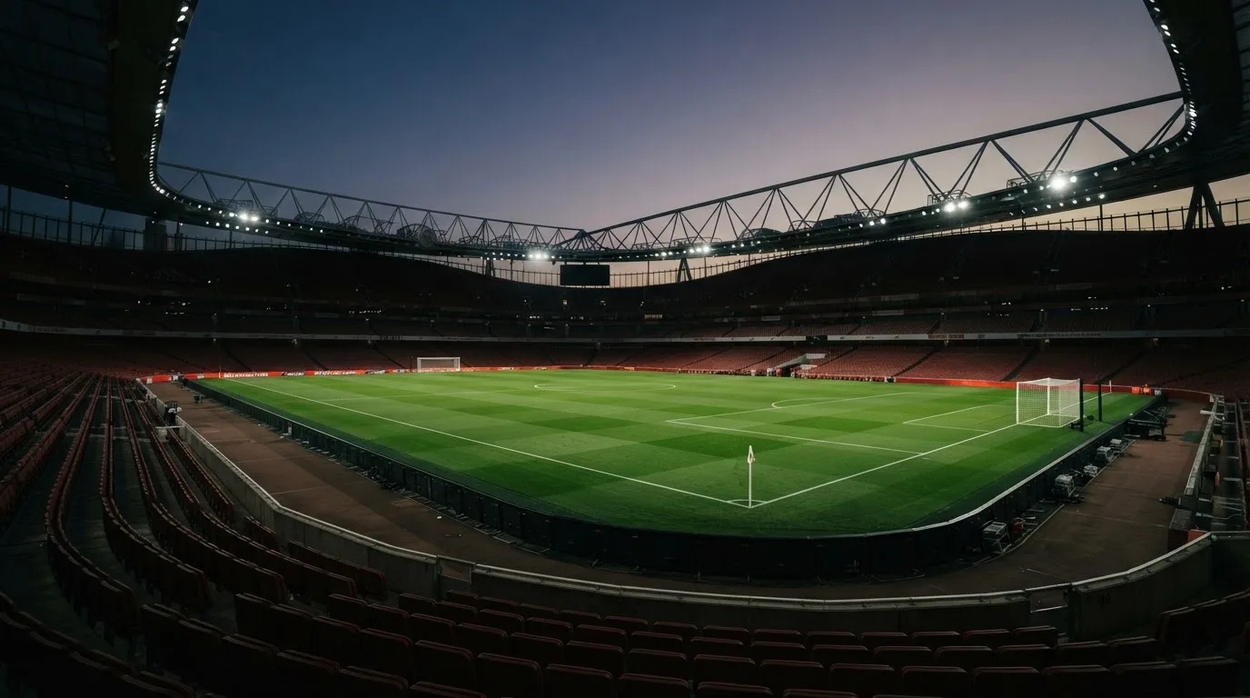 An empty football stadium with floodlight masts at dusk