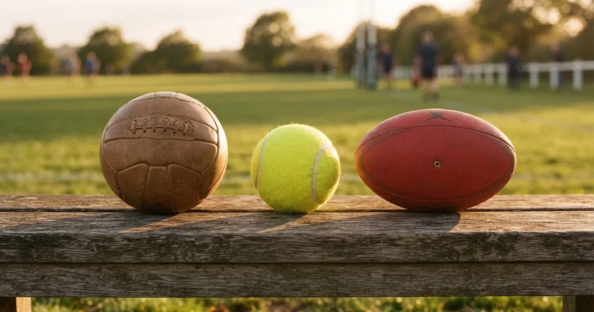 Three balls of different kinds side by side on a wooden bench